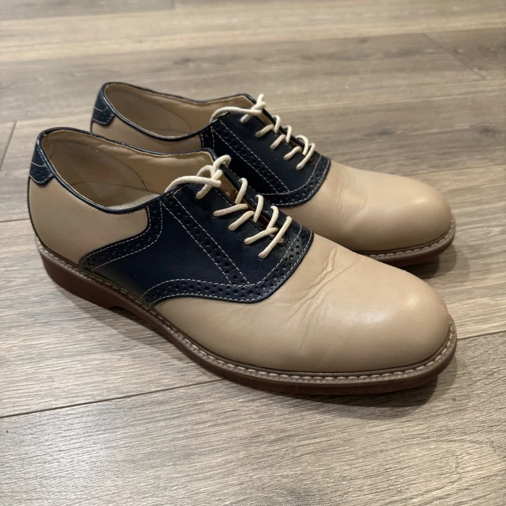 GH Bass Pomona Mens 9.5 D Saddle Shoes Tan Navy Leather Oxford Brogue Dress Shoe